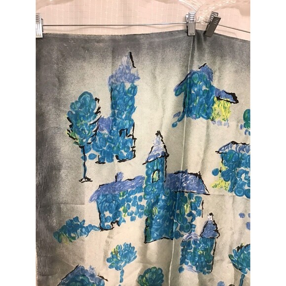 Vintage Womens Silk Scarf Gray Blue Village Motifs Church 30"x30" Square - Picture 3 of 6